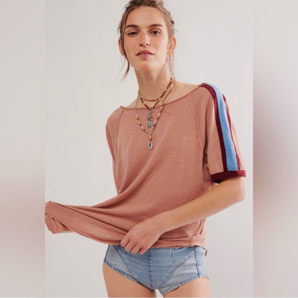 NWT Free People Short Sleeve Tee with Blue and Red Stripes